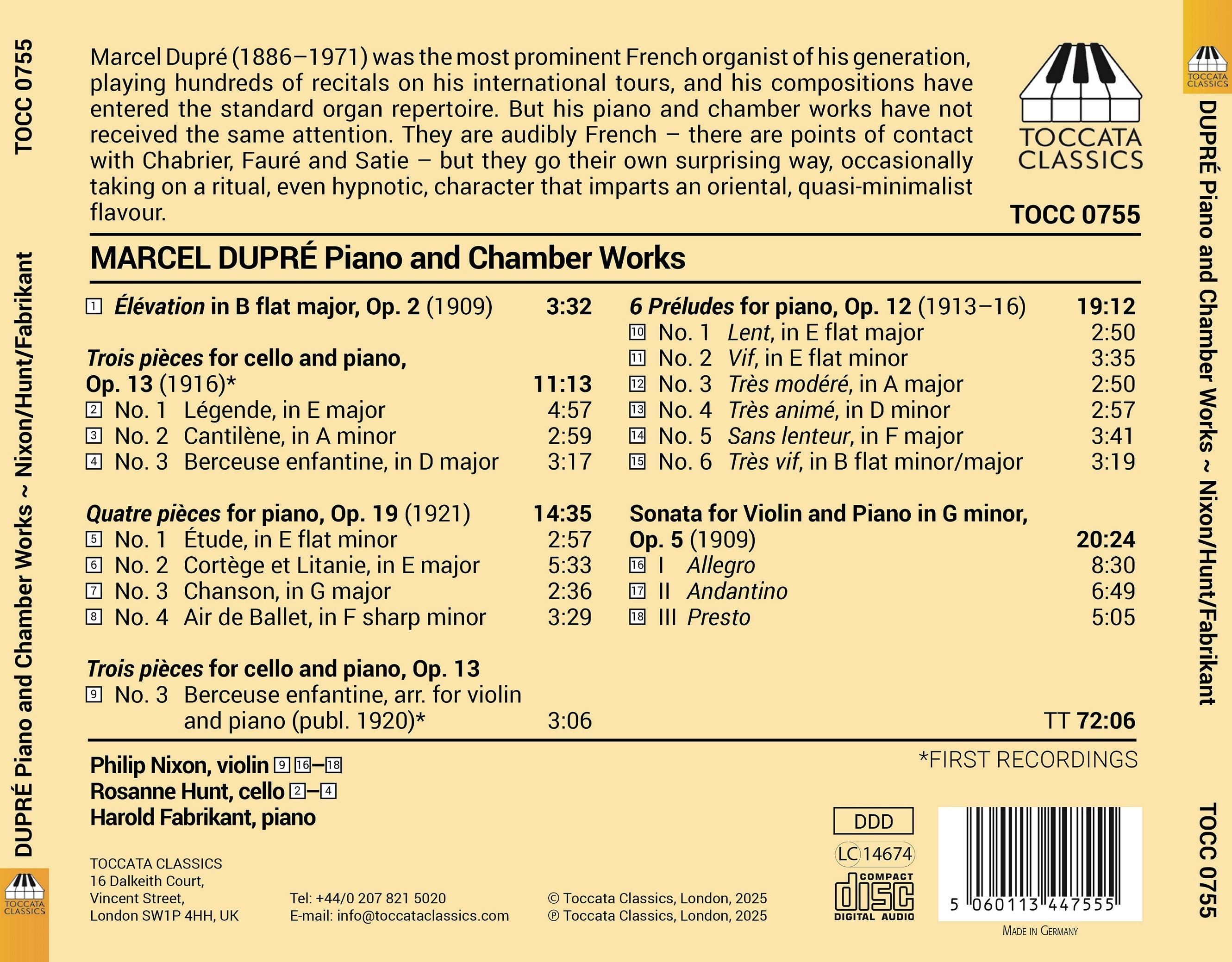 Marcel Dupré: Piano and Chamber Works