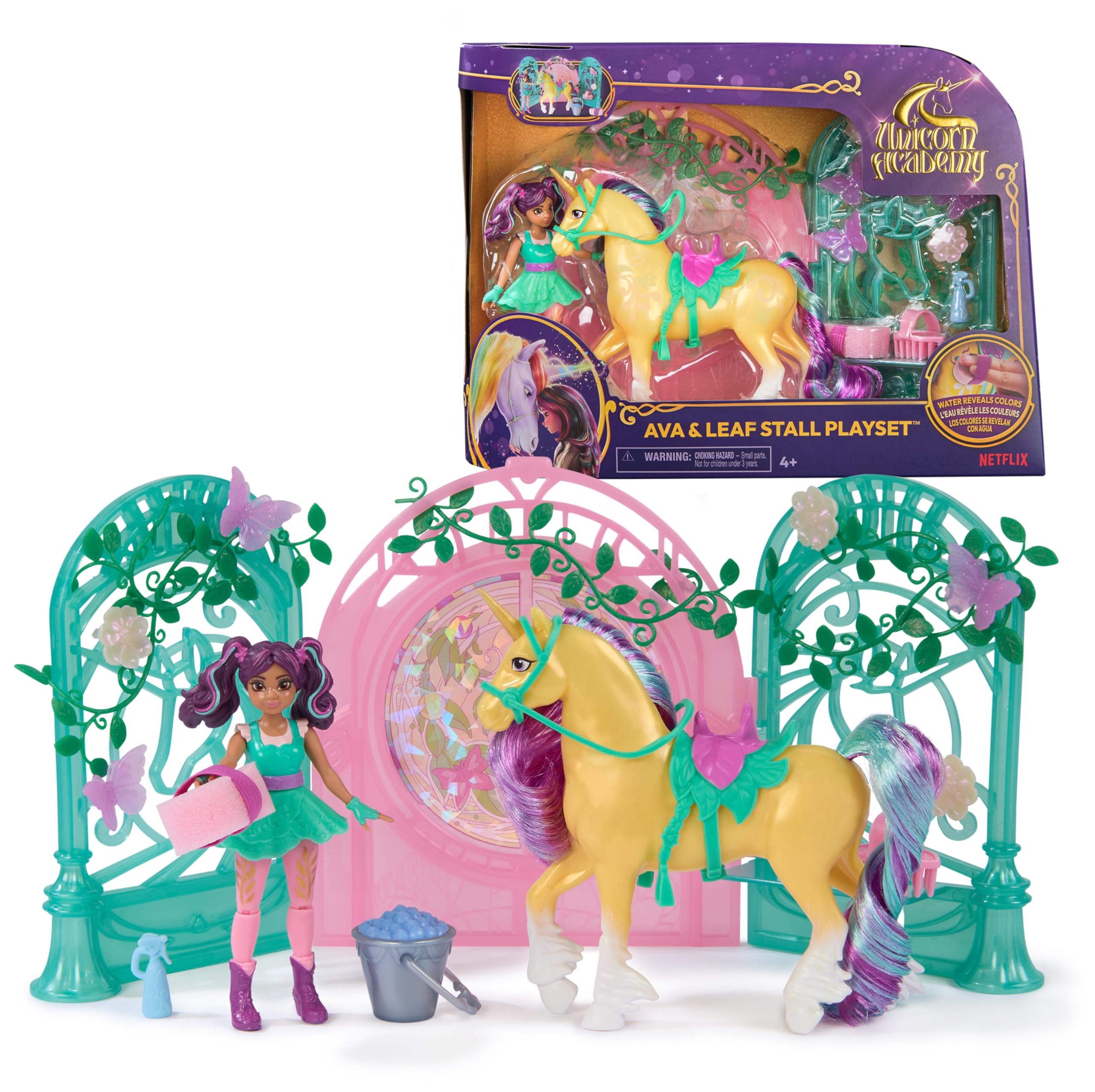 Unicorn Academy, Ava Doll and Colour-Change Leaf Unicorn Stall Playset with 15 Accessories, Dolls Toys for Girls Aged 4 and up