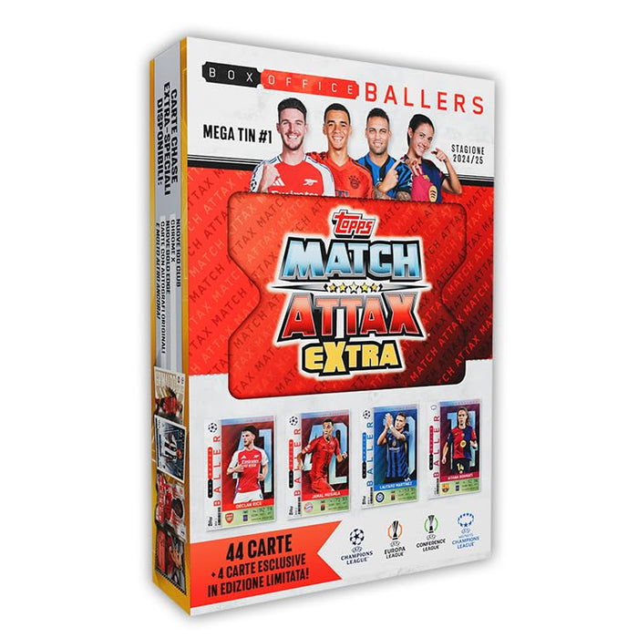 Topps Match Attax Extra 2025 - Mega Tin #1 - Box Office Ballers. 48 cards including 4 exclusive Box Office Baller LE cards. Look out for relic cards inside lucky tins!