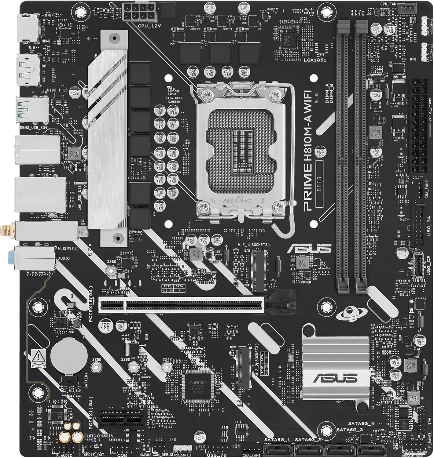 ASUS Prime H810M-A WiFi, Placa Base Intel mATX, 6+1+1+1 etapas de alimentación, Ranura DDR5, PCIe 4.0, 2 Ranuras M.2, WiFi 6E, Ethernet Intel 16 GB, DisplayPort, HDMI, USB-A 10 Gbps, USB-C 5 Gbps