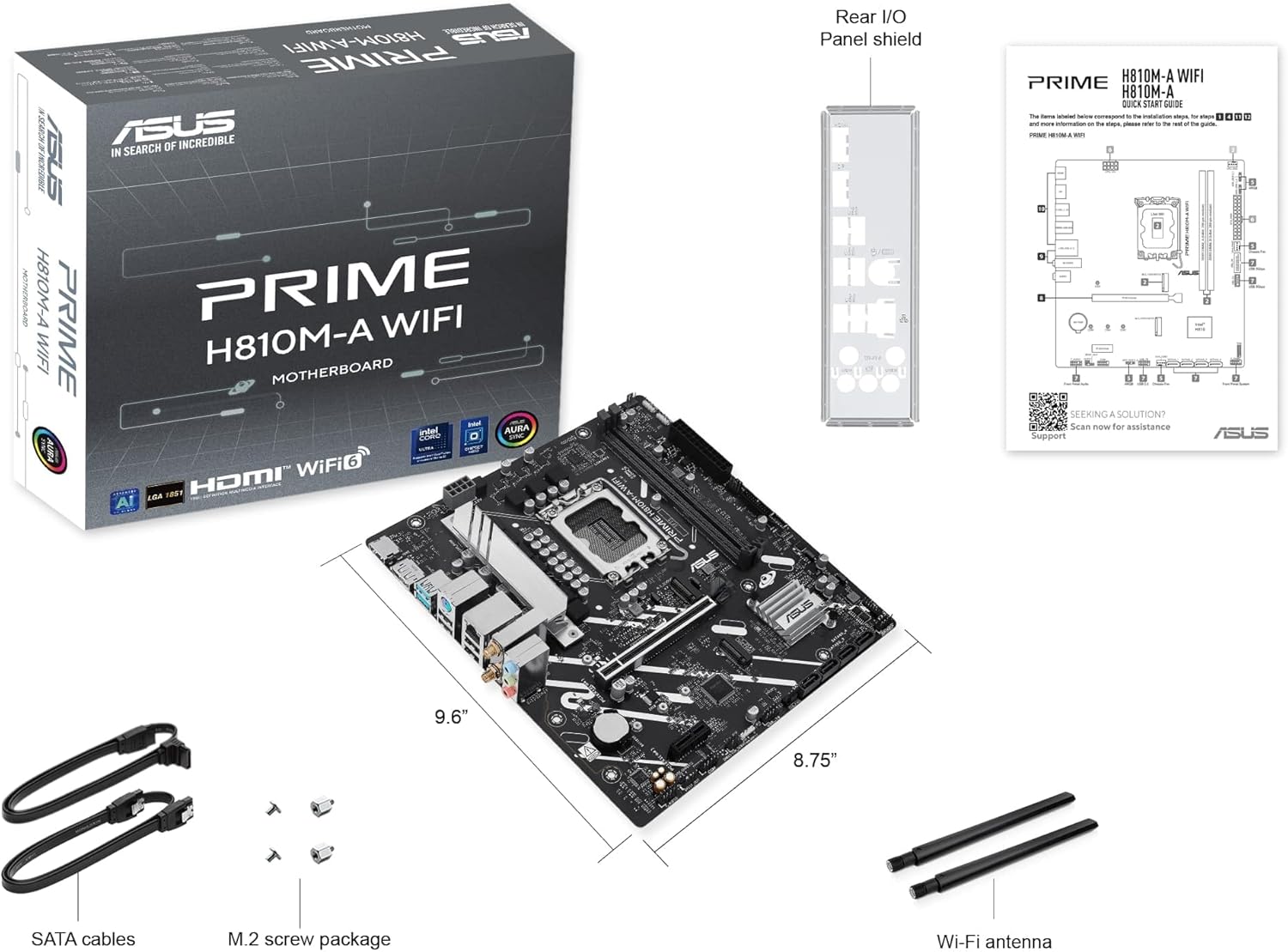 ASUS Prime H810M-A WiFi, Placa Base Intel mATX, 6+1+1+1 etapas de alimentación, Ranura DDR5, PCIe 4.0, 2 Ranuras M.2, WiFi 6E, Ethernet Intel 16 GB, DisplayPort, HDMI, USB-A 10 Gbps, USB-C 5 Gbps