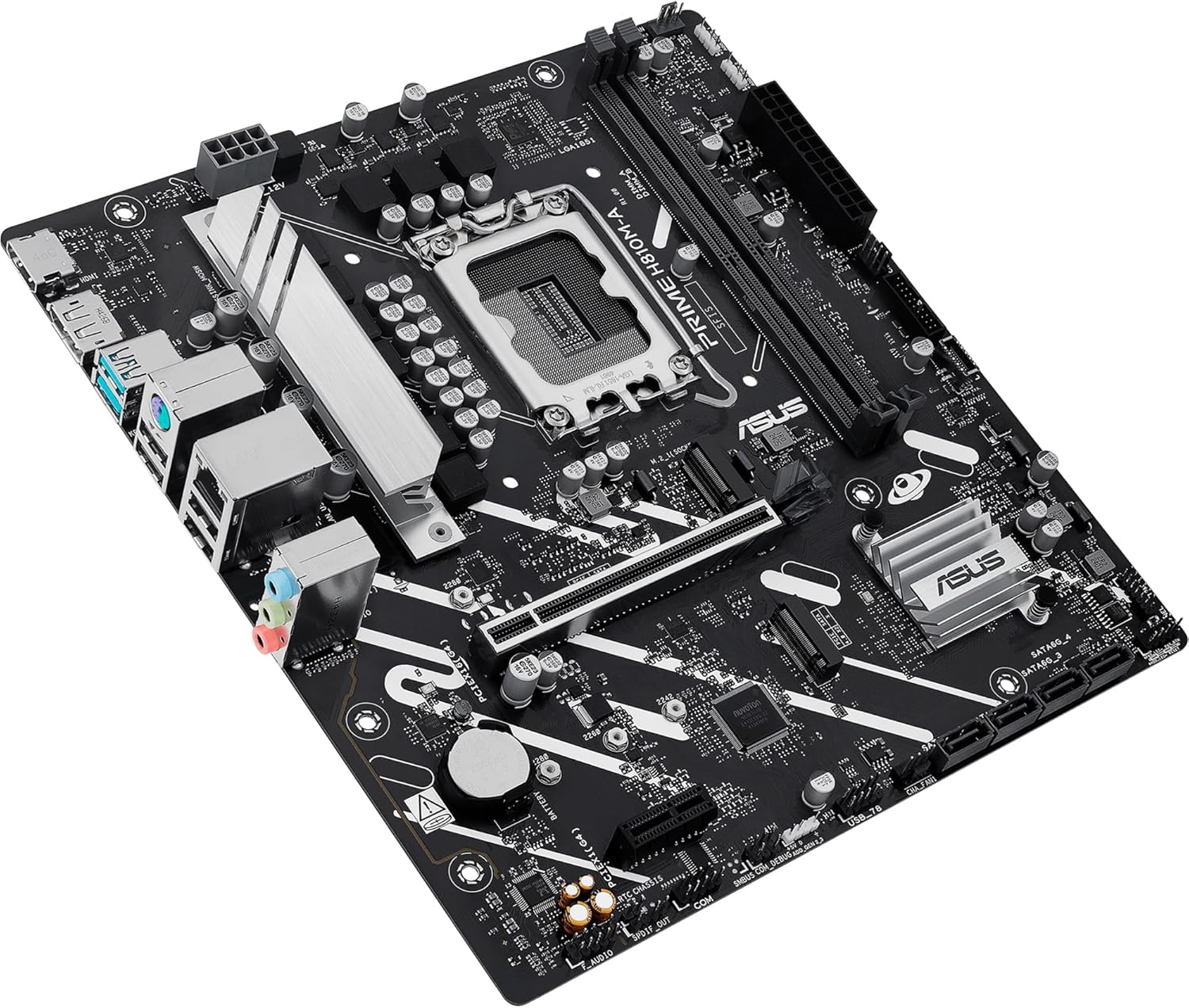 ASUS PRIME H810M-A-CSM, Intel mATX Motherboard, 6+1+1+1 Power Stages, DDR5 Slot, PCIe 4.0, 2 M.2 Slots, Intel 16 GB Ethernet, DisplayPort, HDMI, USB-A 10 Gbps, USB-C 5Gbps, Black