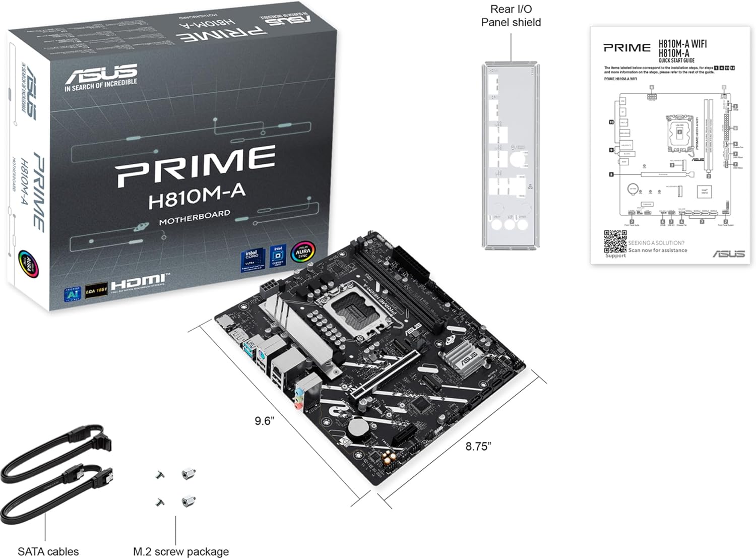 ASUS PRIME H810M-A-CSM, Intel mATX Motherboard, 6+1+1+1 Power Stages, DDR5 Slot, PCIe 4.0, 2 M.2 Slots, Intel 16 GB Ethernet, DisplayPort, HDMI, USB-A 10 Gbps, USB-C 5Gbps, Black