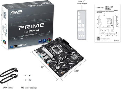 ASUS PRIME H810M-A-CSM, Intel mATX Motherboard, 6+1+1+1 Power Stages, DDR5 Slot, PCIe 4.0, 2 M.2 Slots, Intel 16 GB Ethernet, DisplayPort, HDMI, USB-A 10 Gbps, USB-C 5Gbps, Black