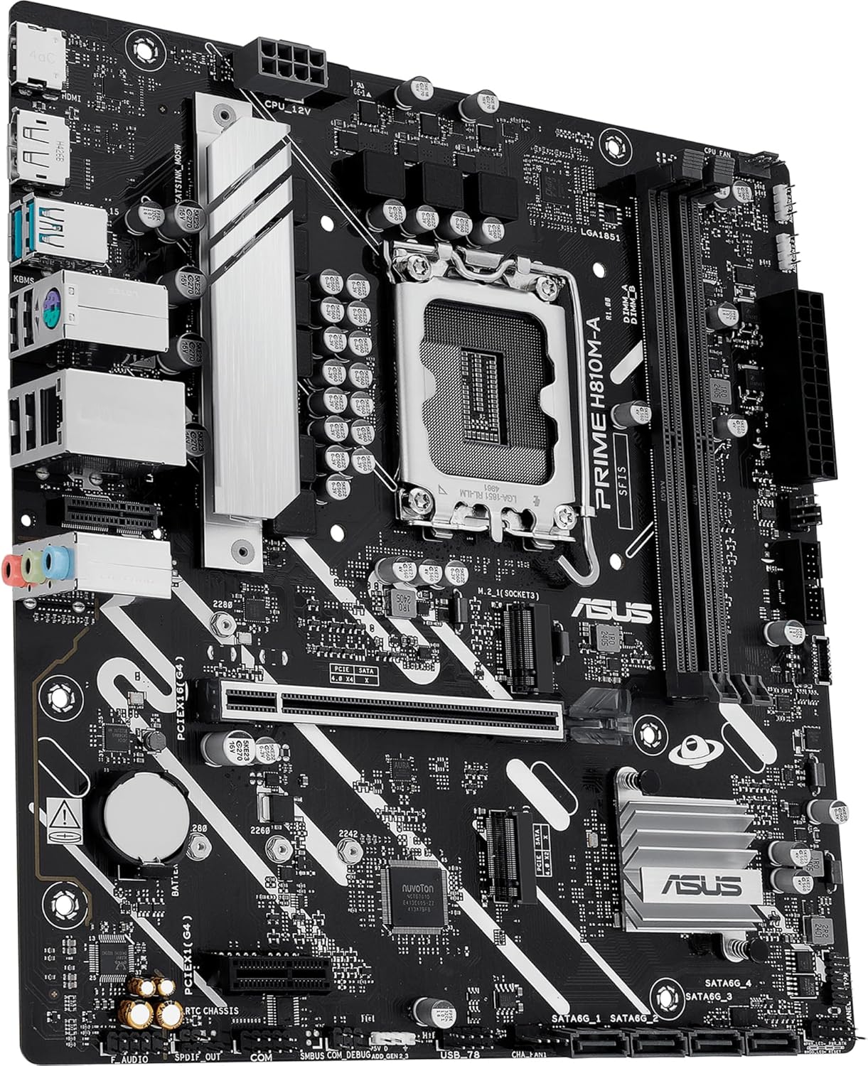ASUS PRIME H810M-A-CSM, Intel mATX Motherboard, 6+1+1+1 Power Stages, DDR5 Slot, PCIe 4.0, 2 M.2 Slots, Intel 16 GB Ethernet, DisplayPort, HDMI, USB-A 10 Gbps, USB-C 5Gbps, Black