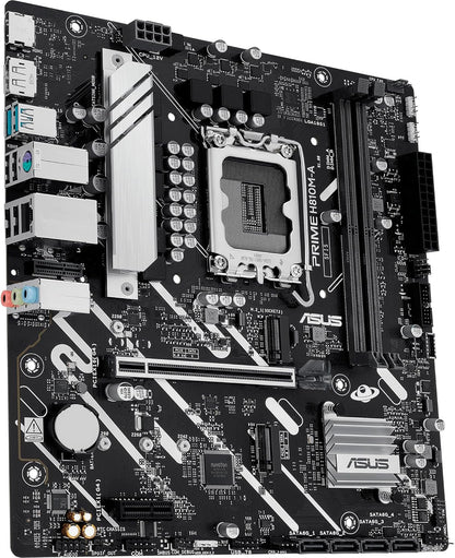 ASUS PRIME H810M-A-CSM, Intel mATX Motherboard, 6+1+1+1 Power Stages, DDR5 Slot, PCIe 4.0, 2 M.2 Slots, Intel 16 GB Ethernet, DisplayPort, HDMI, USB-A 10 Gbps, USB-C 5Gbps, Black