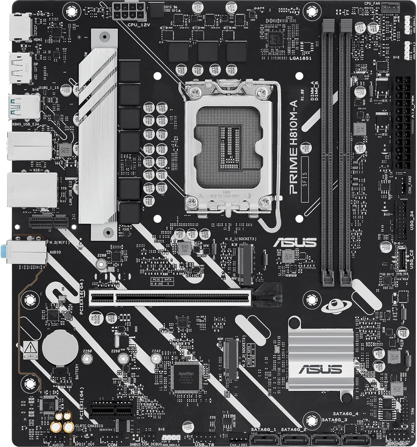 ASUS PRIME H810M-A-CSM, Intel mATX Motherboard, 6+1+1+1 Power Stages, DDR5 Slot, PCIe 4.0, 2 M.2 Slots, Intel 16 GB Ethernet, DisplayPort, HDMI, USB-A 10 Gbps, USB-C 5Gbps, Black