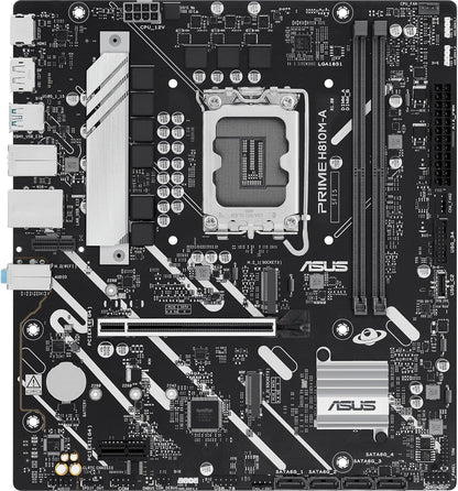 ASUS PRIME H810M-A-CSM, Intel mATX Motherboard, 6+1+1+1 Power Stages, DDR5 Slot, PCIe 4.0, 2 M.2 Slots, Intel 16 GB Ethernet, DisplayPort, HDMI, USB-A 10 Gbps, USB-C 5Gbps, Black