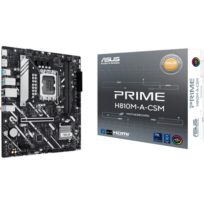 ASUS PRIME H810M-A-CSM, Intel mATX Motherboard, 6+1+1+1 Power Stages, DDR5 Slot, PCIe 4.0, 2 M.2 Slots, Intel 16 GB Ethernet, DisplayPort, HDMI, USB-A 10 Gbps, USB-C 5Gbps, Black