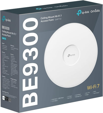 TP-Link EAP772 Point d'accès WiFi 7, Points d'accès sans Fil Gigabit BE9300 tri-Bandes, Prend en Charge PoE Passif, Montage Facile au Mur ou au Plafond, contrôleur Cloud Gratuit, Omada Mesh & IA
