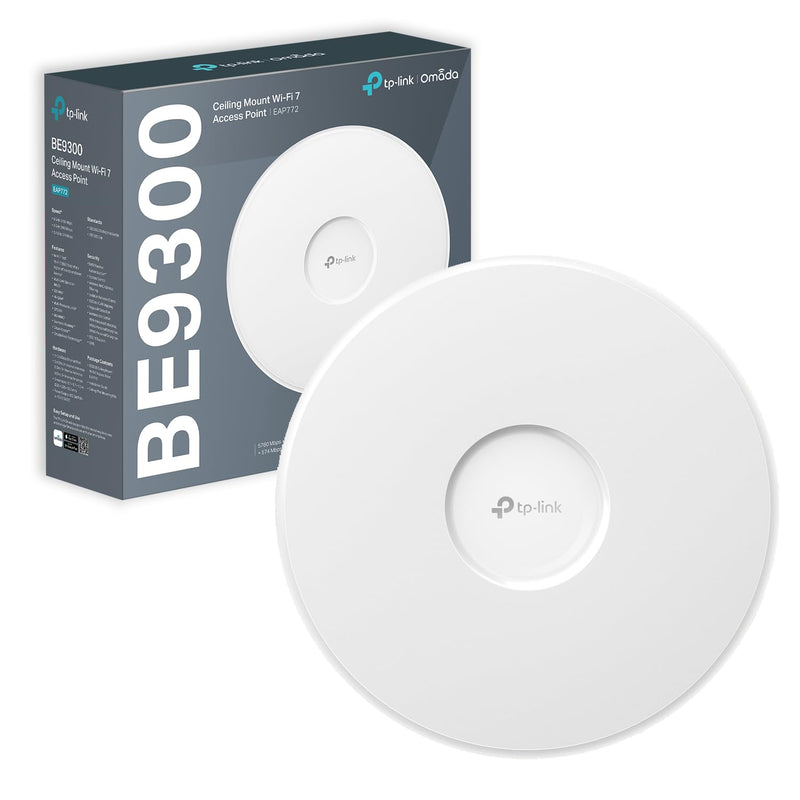 TP-Link EAP772 Point d'accès WiFi 7, Points d'accès sans Fil Gigabit BE9300 tri-Bandes, Prend en Charge PoE Passif, Montage Facile au Mur ou au Plafond, contrôleur Cloud Gratuit, Omada Mesh & IA