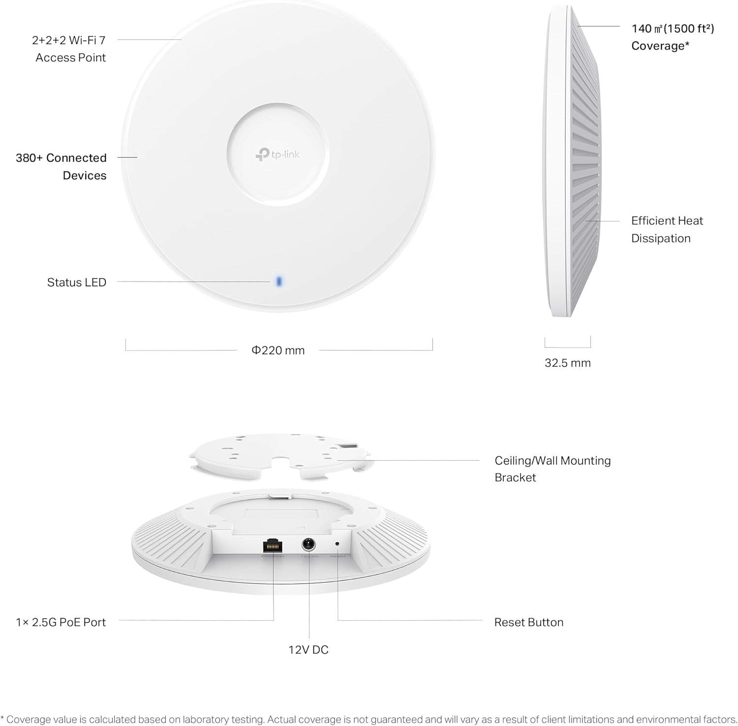 TP-Link EAP772 Point d'accès WiFi 7, Points d'accès sans Fil Gigabit BE9300 tri-Bandes, Prend en Charge PoE Passif, Montage Facile au Mur ou au Plafond, contrôleur Cloud Gratuit, Omada Mesh & IA