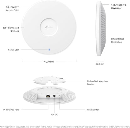 TP-Link EAP772 Point d'accès WiFi 7, Points d'accès sans Fil Gigabit BE9300 tri-Bandes, Prend en Charge PoE Passif, Montage Facile au Mur ou au Plafond, contrôleur Cloud Gratuit, Omada Mesh & IA