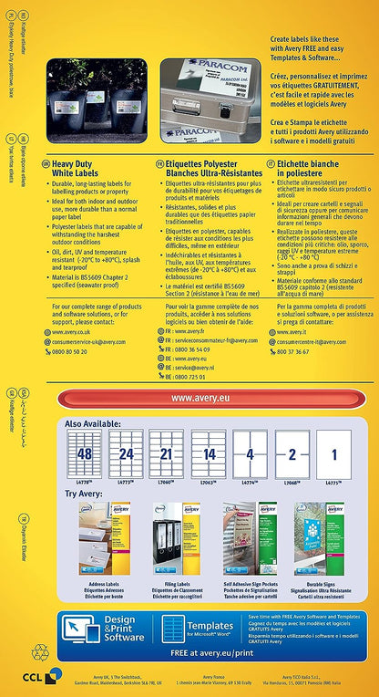 Avery L4776-20 Extra-Strong Adhesive Heavy Duty Weatherproof Labels,White,12 Labels Per A4 Sheet