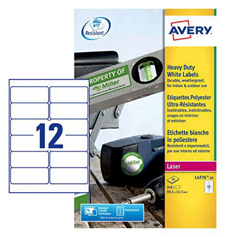 Avery L4776-20 Extra-Strong Adhesive Heavy Duty Weatherproof Labels,White,12 Labels Per A4 Sheet