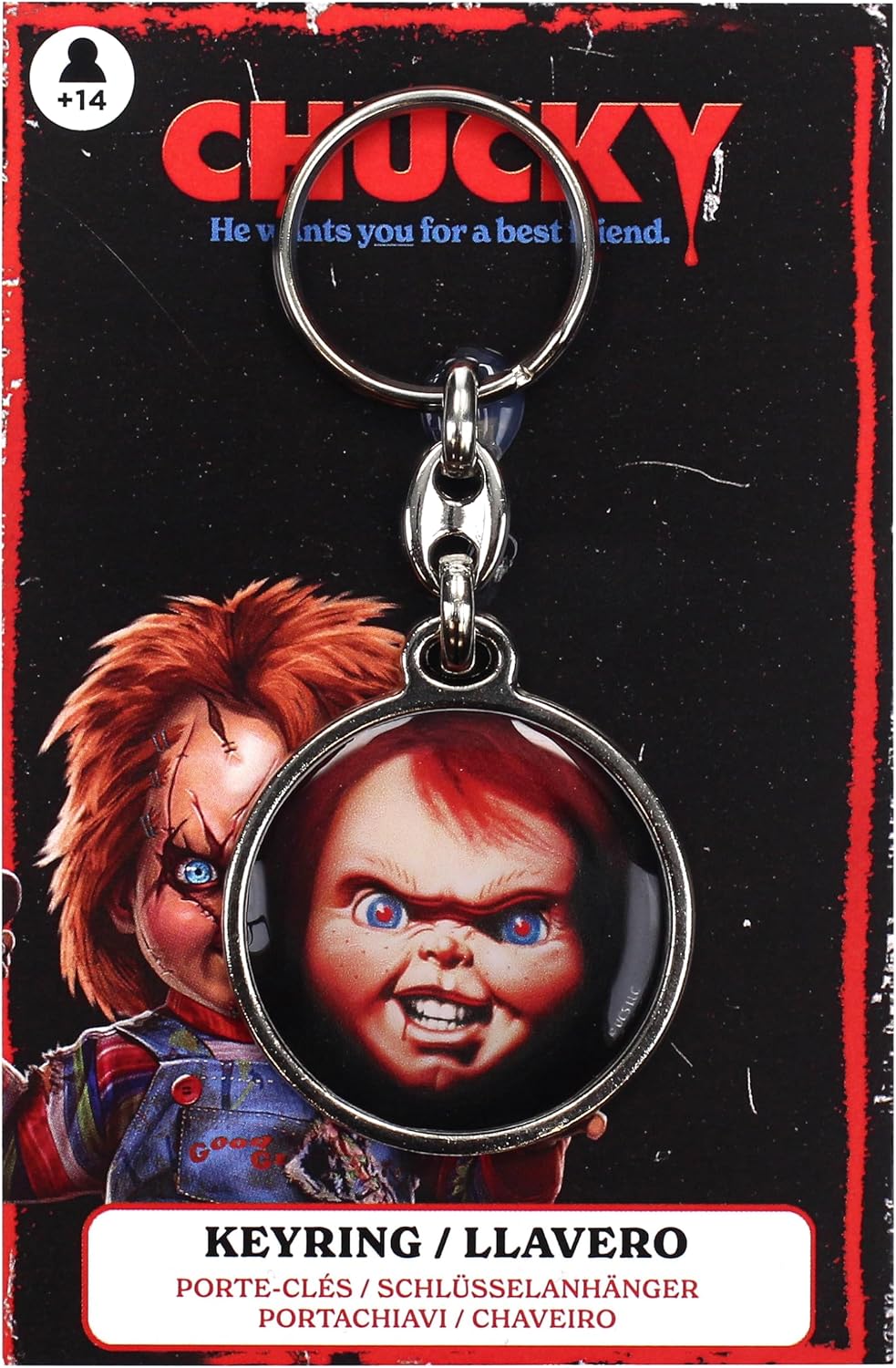 SD TOYS - Chucky round metal chucky key ring, multicoloured, S