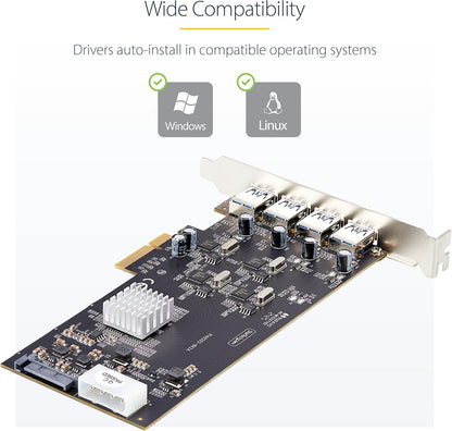 StarTech.com 4-Port USB PCIe Card, USB 3.2 5Gbps, PCI Express Card with 4x Independent USB Controllers, 4x USB-A Ports