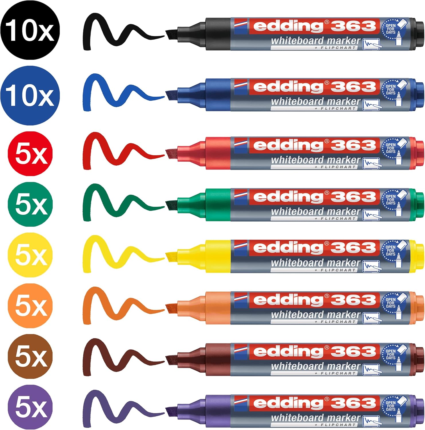 edding Juego de rotuladores para pizarra blanca 363, multicolor, 50 unidades, punta biselada de 1 a 5 mm, borrado en seco, para pizarras blancas, rotafolios, pizarras magnéticas, pizarras de notas,