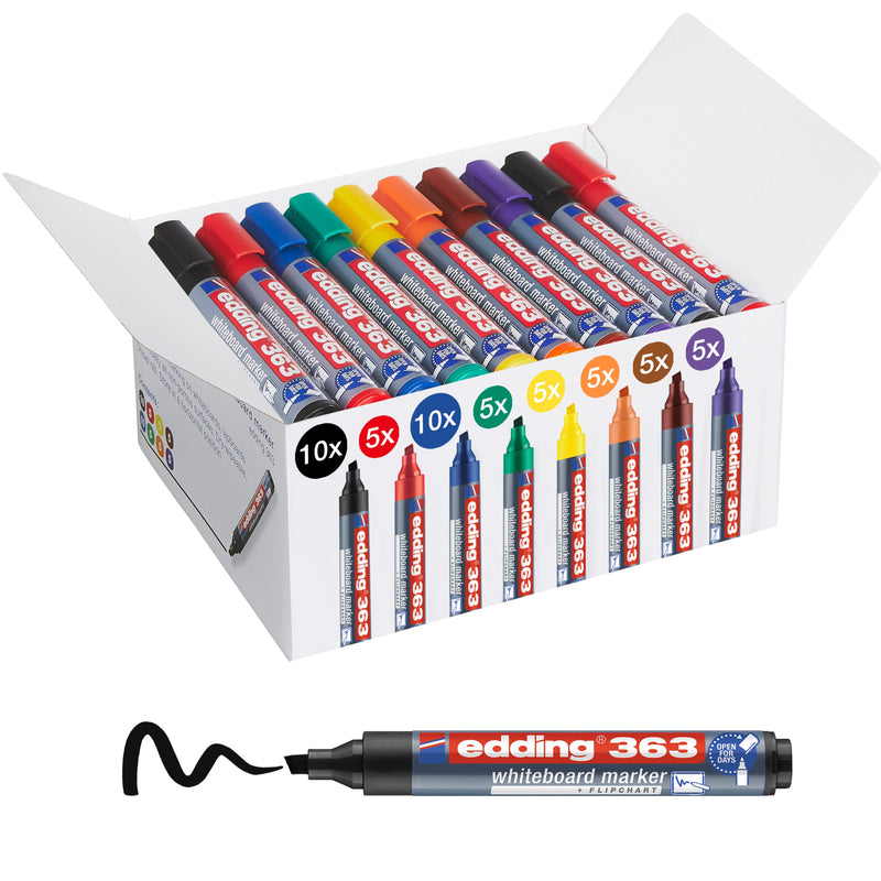 edding Juego de rotuladores para pizarra blanca 363, multicolor, 50 unidades, punta biselada de 1 a 5 mm, borrado en seco, para pizarras blancas, rotafolios, pizarras magnéticas, pizarras de notas,