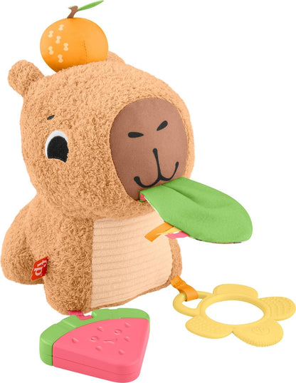Fisher-Price Baby Sensory Toy Snuggly Snacky Capybara Plush with Newborn Teether & Rattle Activities for Infants Ages 3+ Months, HYR54