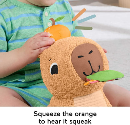 Fisher-Price Baby Sensory Toy Snuggly Snacky Capybara Plush with Newborn Teether & Rattle Activities for Infants Ages 3+ Months, HYR54
