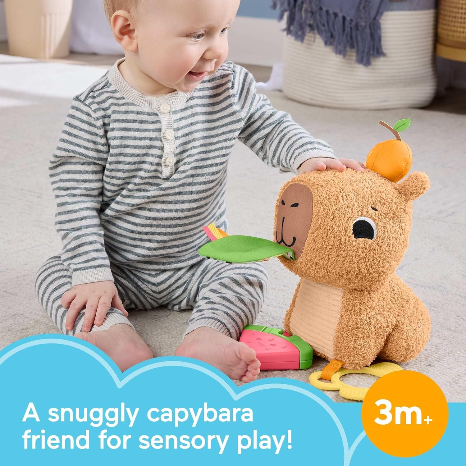 Fisher-Price Baby Sensory Toy Snuggly Snacky Capybara Plush with Newborn Teether & Rattle Activities for Infants Ages 3+ Months, HYR54