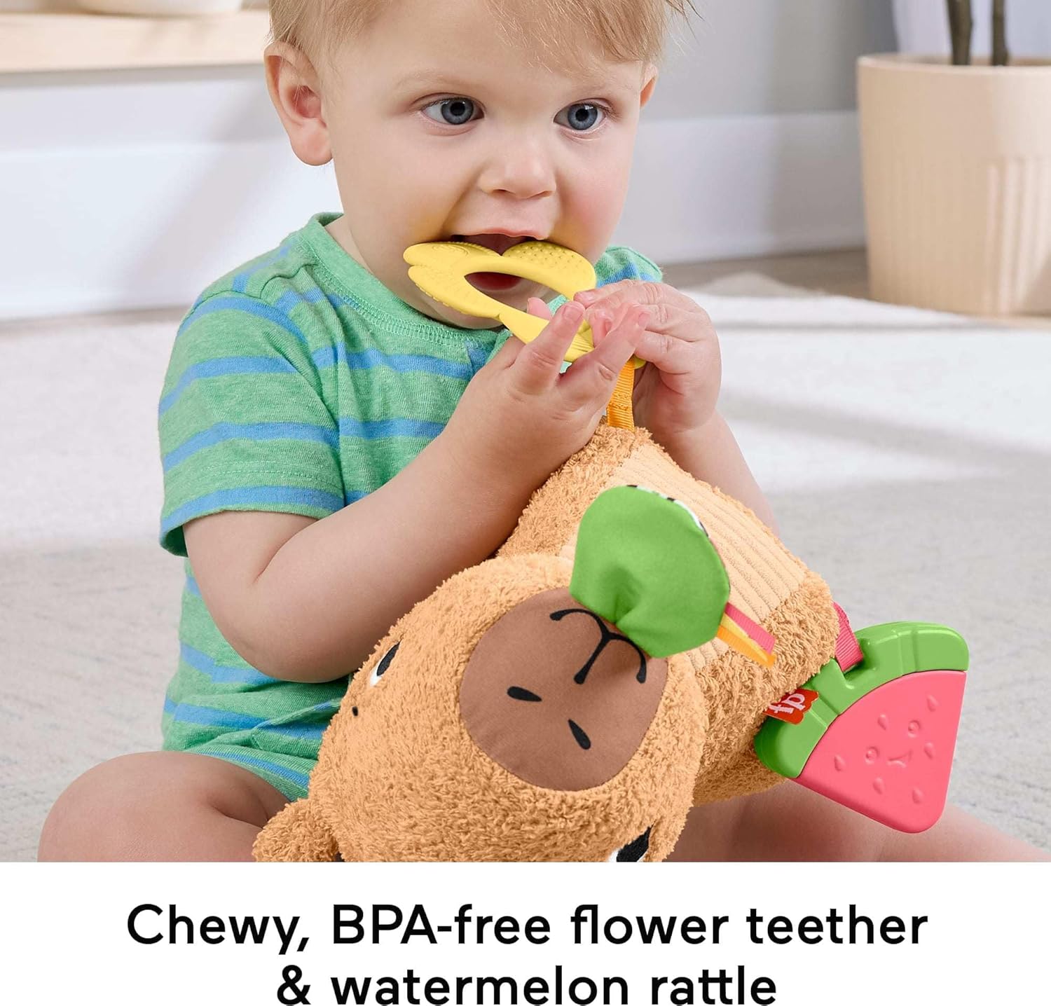 Fisher-Price Baby Sensory Toy Snuggly Snacky Capybara Plush with Newborn Teether & Rattle Activities for Infants Ages 3+ Months, HYR54