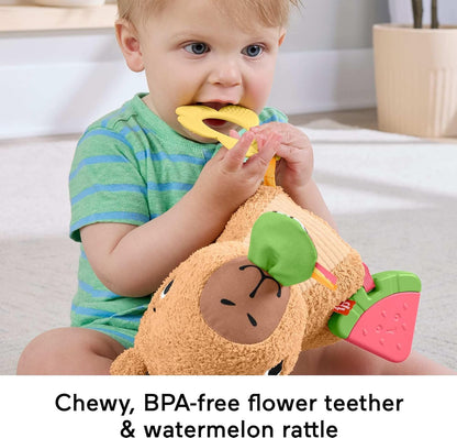 Fisher-Price Baby Sensory Toy Snuggly Snacky Capybara Plush with Newborn Teether & Rattle Activities for Infants Ages 3+ Months, HYR54
