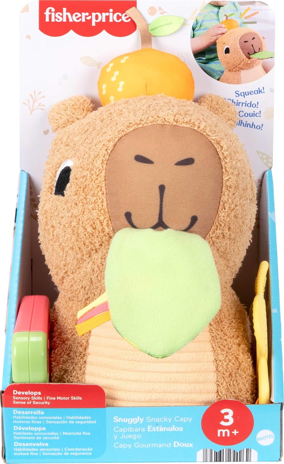 Fisher-Price Baby Sensory Toy Snuggly Snacky Capybara Plush with Newborn Teether & Rattle Activities for Infants Ages 3+ Months, HYR54