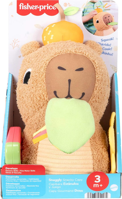 Fisher-Price Baby Sensory Toy Snuggly Snacky Capybara Plush with Newborn Teether & Rattle Activities for Infants Ages 3+ Months, HYR54