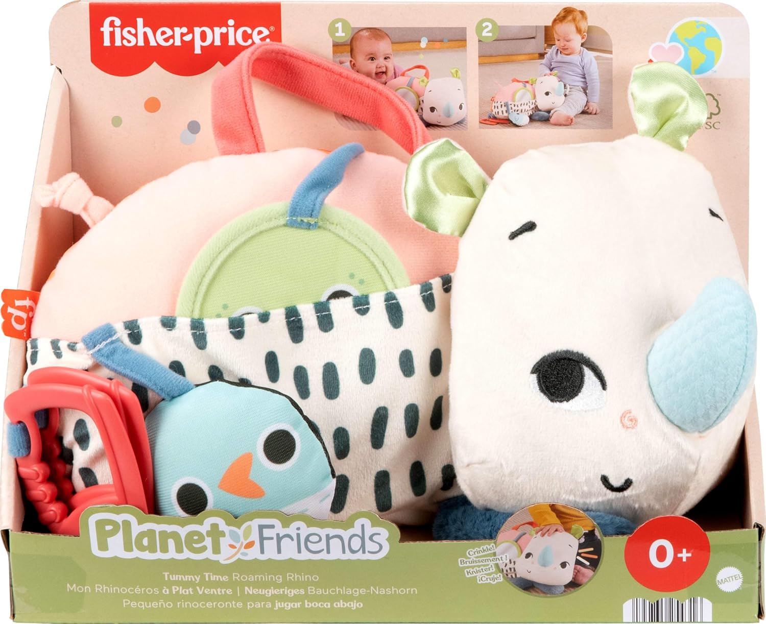 Fisher-Price Newborn Toy Planet Friends Tummy Time Roaming Rhino Plush with Sensory Activities for Babies Ages 0+ Months, HYR55