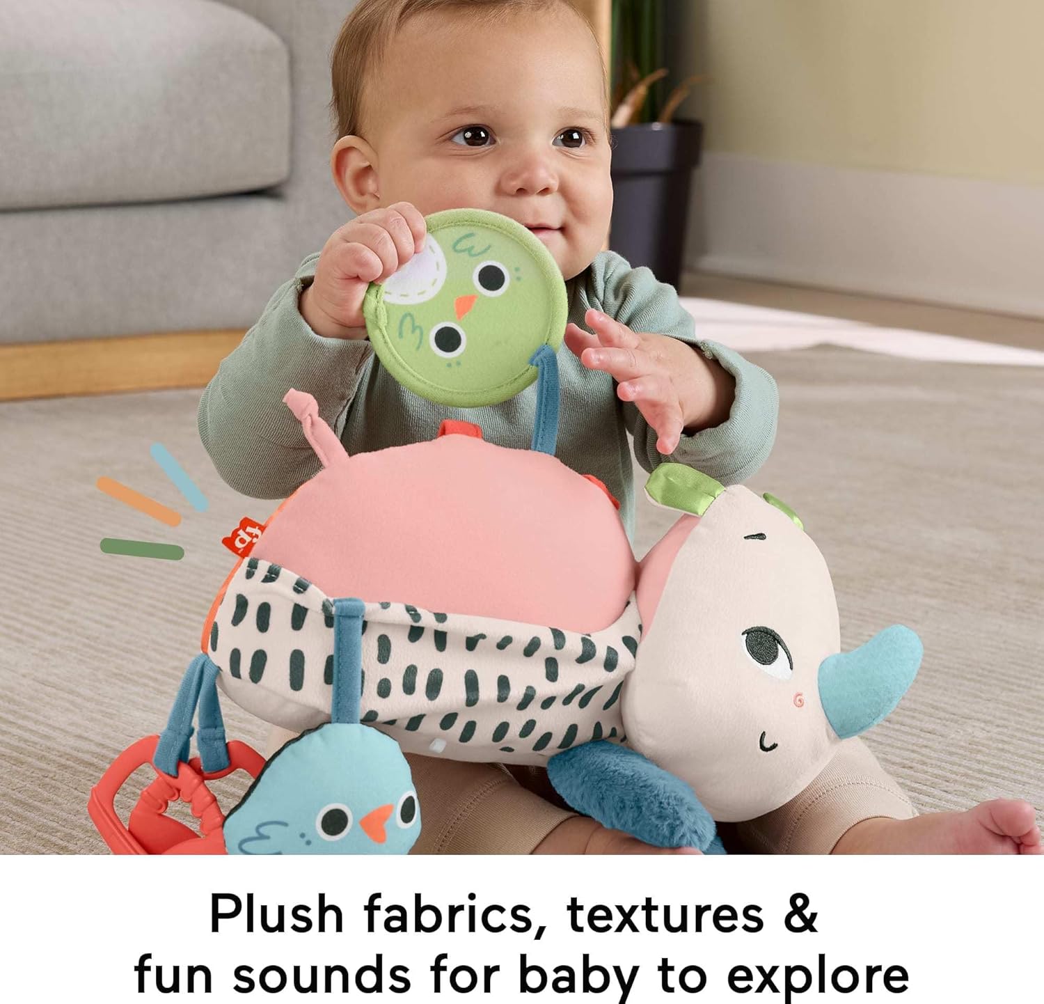 Fisher-Price Newborn Toy Planet Friends Tummy Time Roaming Rhino Plush with Sensory Activities for Babies Ages 0+ Months, HYR55