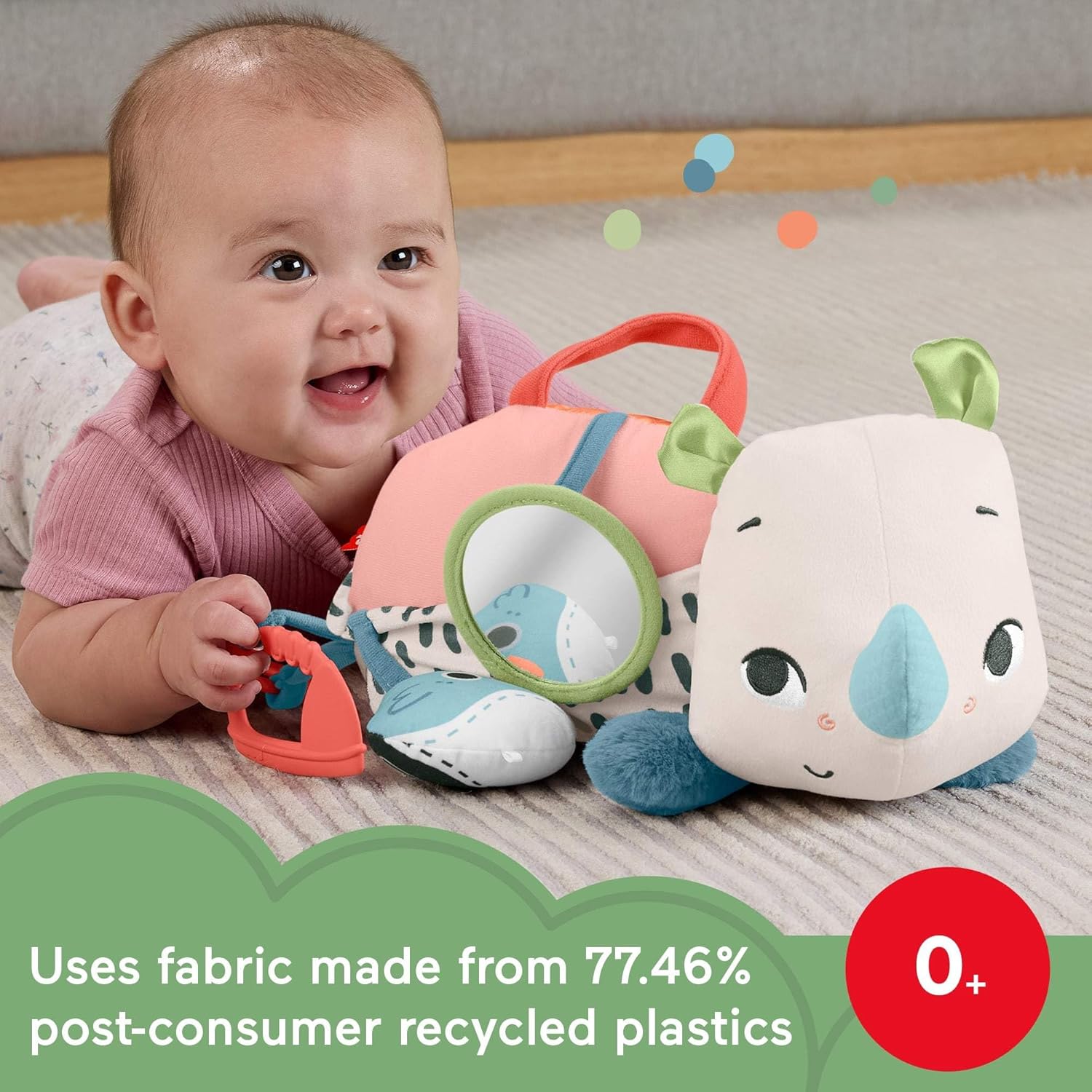 Fisher-Price Newborn Toy Planet Friends Tummy Time Roaming Rhino Plush with Sensory Activities for Babies Ages 0+ Months, HYR55
