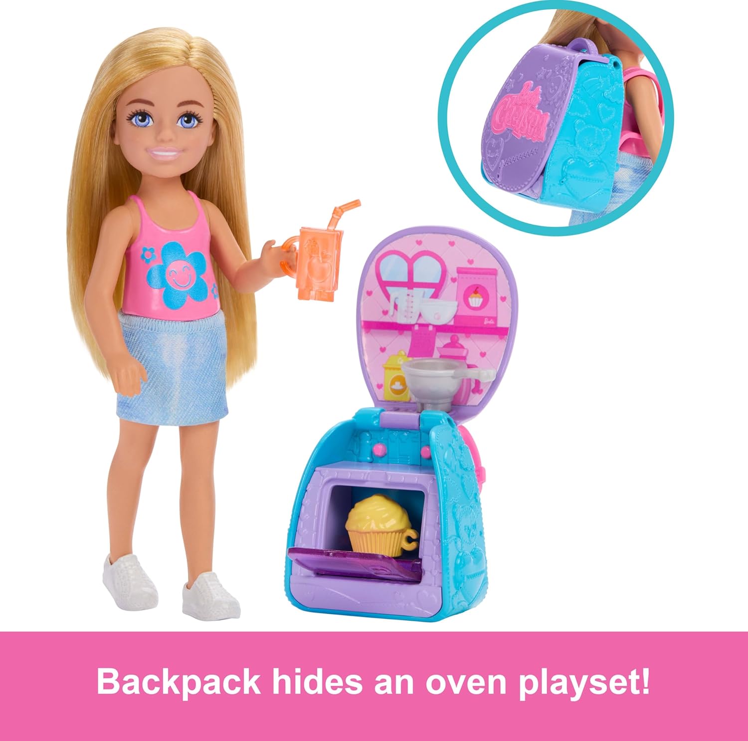 BARBIE Family & Friends Cupcake Baking Backpack Blonde Chelsea Doll, Wearable Backpack with Baking Play Pieces, JBF46