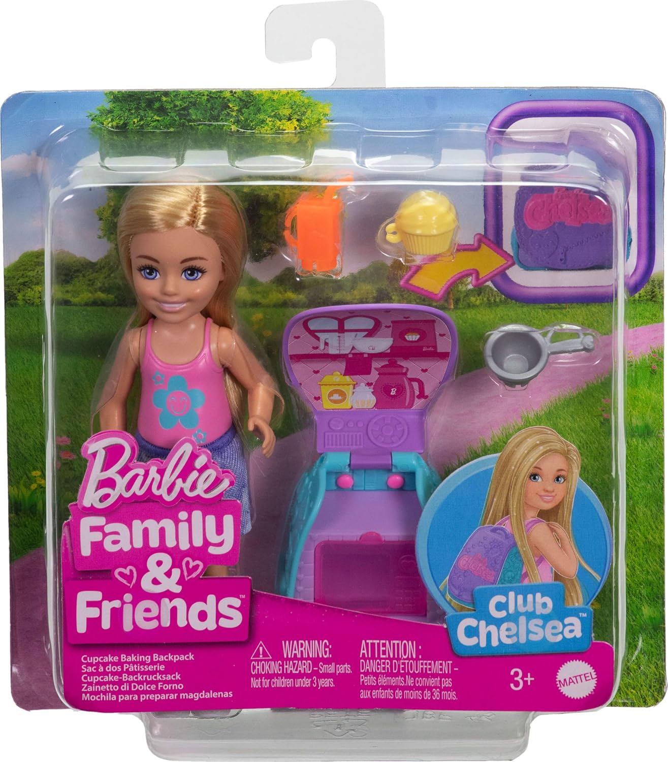 BARBIE Family & Friends Cupcake Baking Backpack Blonde Chelsea Doll, Wearable Backpack with Baking Play Pieces, JBF46