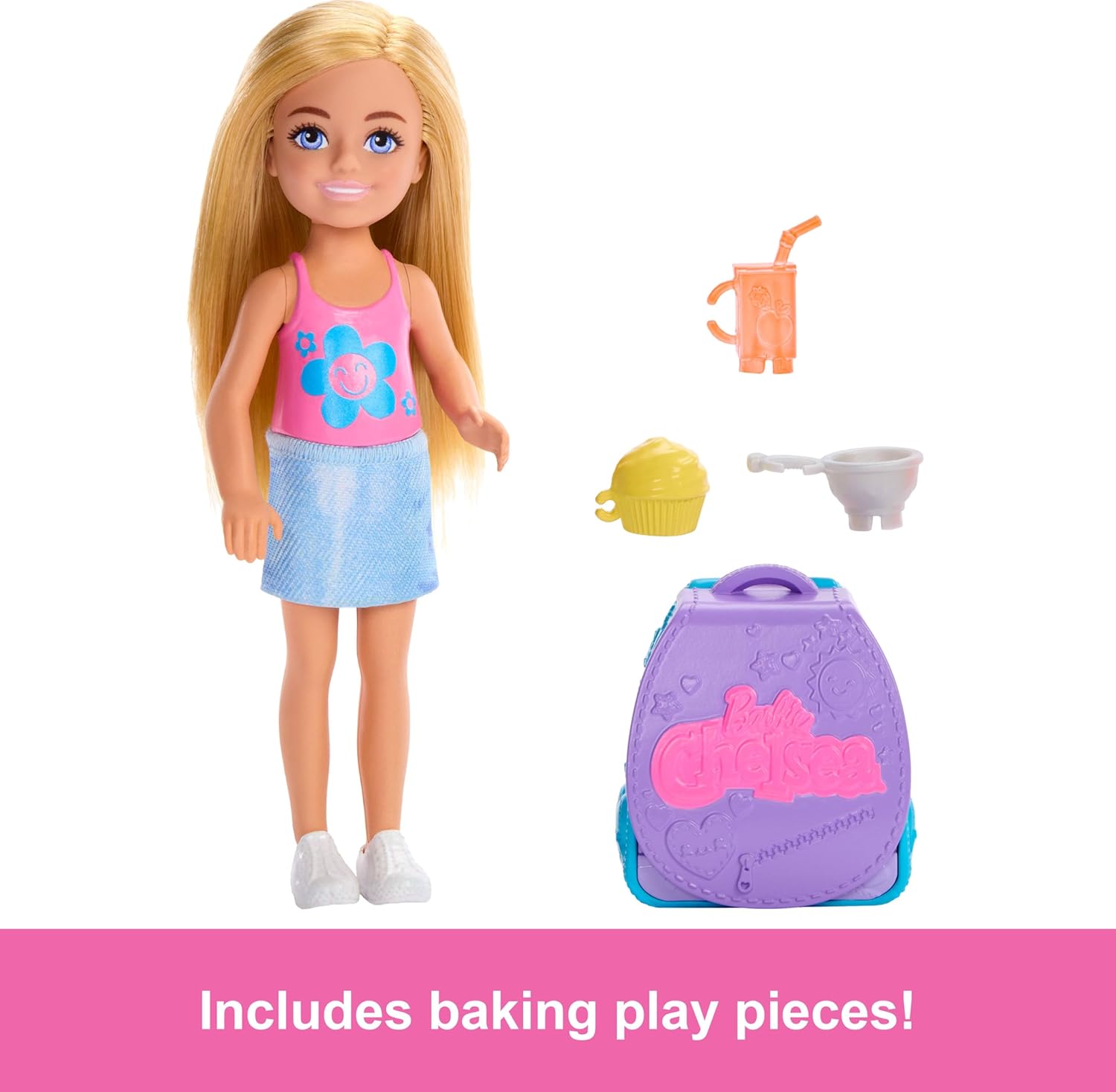 BARBIE Family & Friends Cupcake Baking Backpack Blonde Chelsea Doll, Wearable Backpack with Baking Play Pieces, JBF46