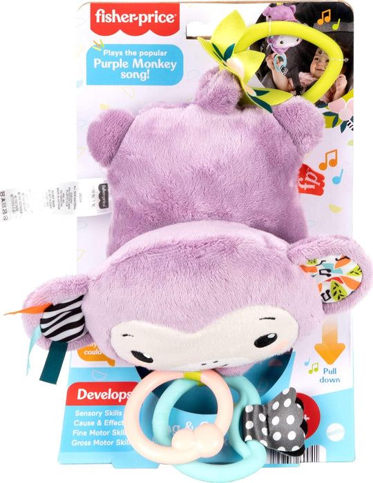Fisher-Price Baby Stroller Toy Sing & Go Purple Monkey Musical Sensory Plush with Crinkle & Clackers for Newborns from Birth+, JBG94