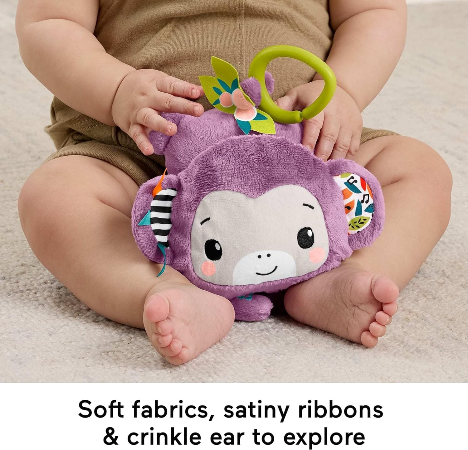 Fisher-Price Baby Stroller Toy Sing & Go Purple Monkey Musical Sensory Plush with Crinkle & Clackers for Newborns from Birth+, JBG94