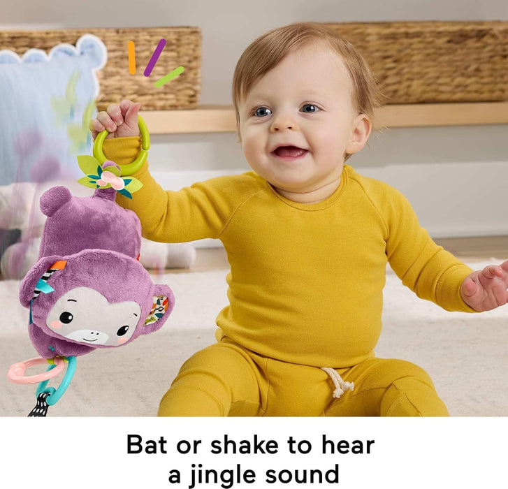 Fisher-Price Baby Stroller Toy Sing & Go Purple Monkey Musical Sensory Plush with Crinkle & Clackers for Newborns from Birth+, JBG94