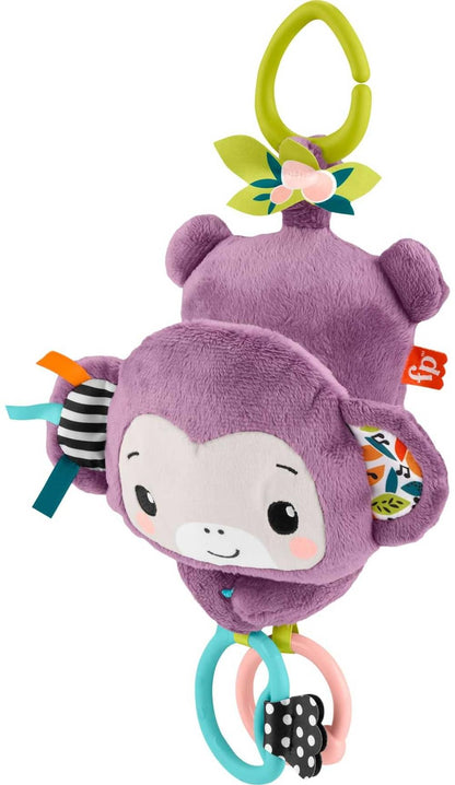 Fisher-Price Baby Stroller Toy Sing & Go Purple Monkey Musical Sensory Plush with Crinkle & Clackers for Newborns from Birth+, JBG94