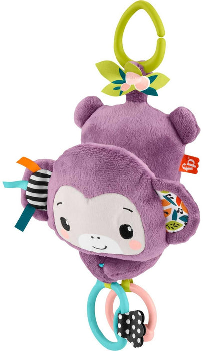 Fisher-Price Baby Stroller Toy Sing & Go Purple Monkey Musical Sensory Plush with Crinkle & Clackers for Newborns from Birth+, JBG94
