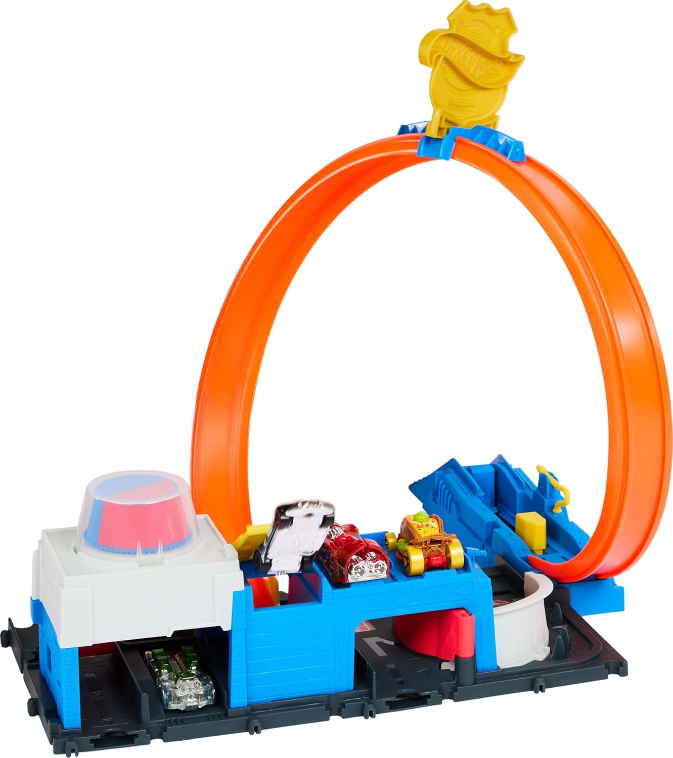 Hot Wheels Toy Car Track Set, Super Police Station Playset with 1:64 Scale Die-Cast Vehicle, Adjustable Loop for Multiple Ways to Race & Stunt, JBM71