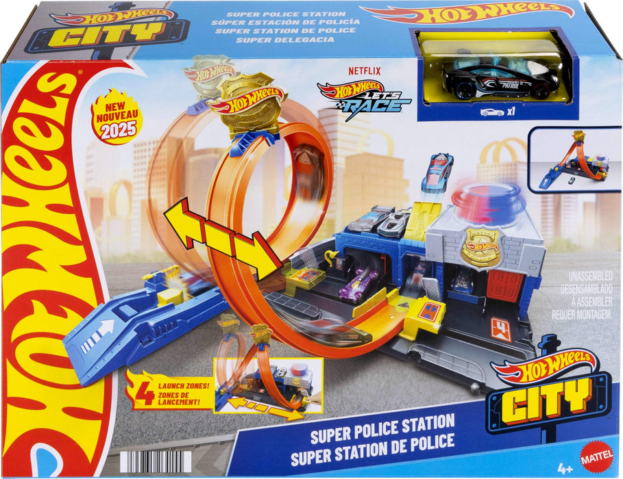 Hot Wheels Toy Car Track Set, Super Police Station Playset with 1:64 Scale Die-Cast Vehicle, Adjustable Loop for Multiple Ways to Race & Stunt, JBM71