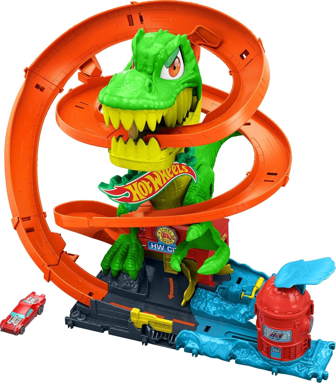 Hot Wheels Zakręcony tor Remiza T-rexa Zestaw do zabawy (ok. 35 cm wysokości), tor samochodowy, dinozaur o ruchomych oczach, metalowy samochód w skali 1:64, kilka możliwości zabawy, JBM73