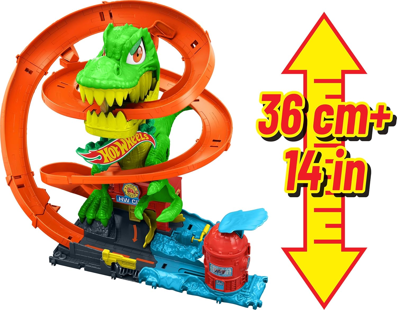 Hot Wheels Zakręcony tor Remiza T-rexa Zestaw do zabawy (ok. 35 cm wysokości), tor samochodowy, dinozaur o ruchomych oczach, metalowy samochód w skali 1:64, kilka możliwości zabawy, JBM73