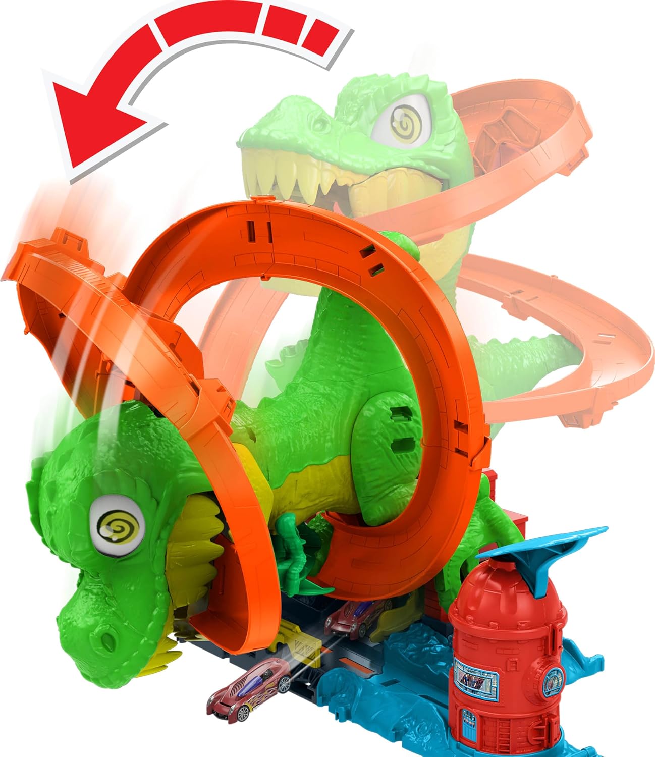 Hot Wheels Zakręcony tor Remiza T-rexa Zestaw do zabawy (ok. 35 cm wysokości), tor samochodowy, dinozaur o ruchomych oczach, metalowy samochód w skali 1:64, kilka możliwości zabawy, JBM73
