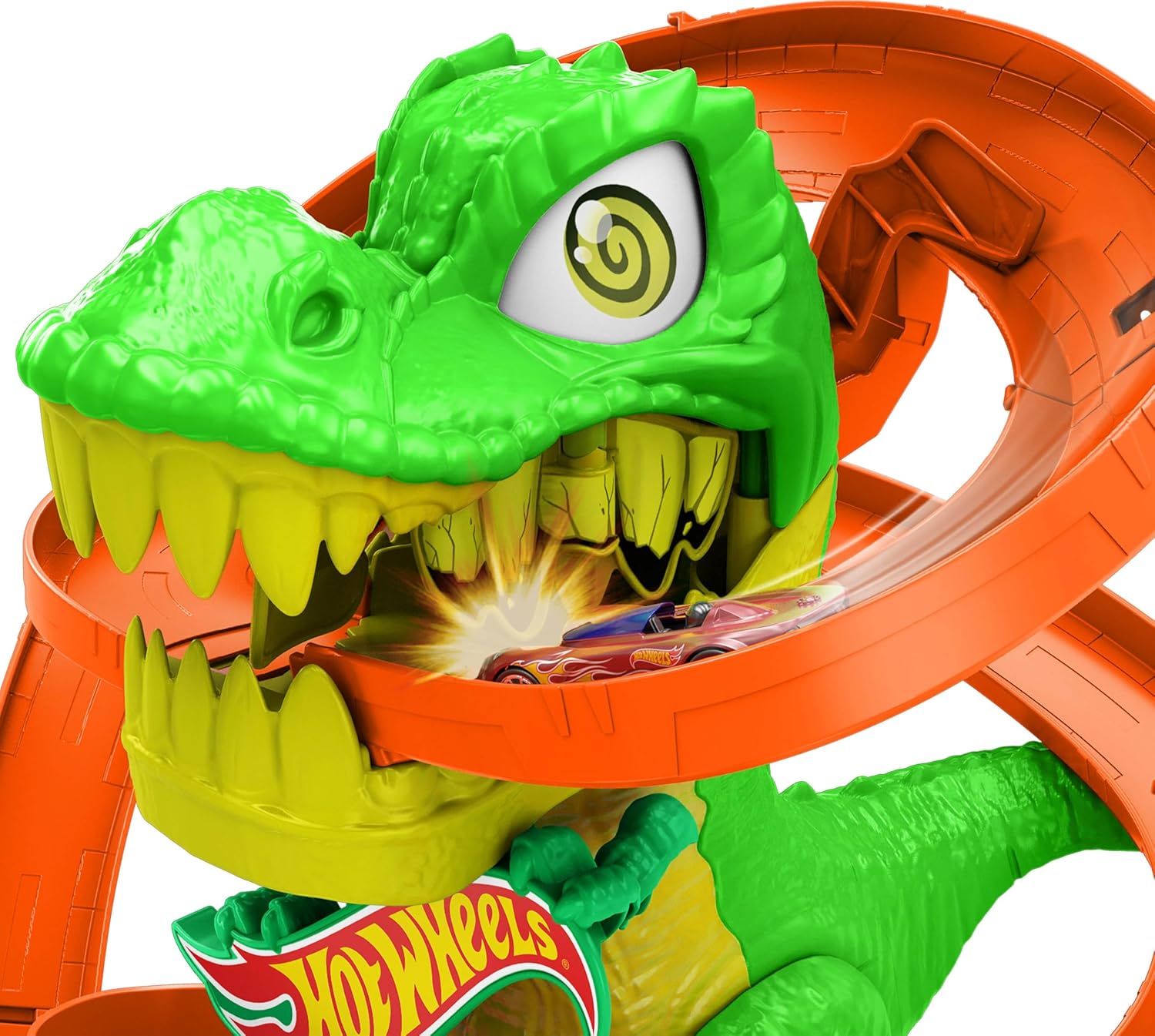 Hot Wheels Zakręcony tor Remiza T-rexa Zestaw do zabawy (ok. 35 cm wysokości), tor samochodowy, dinozaur o ruchomych oczach, metalowy samochód w skali 1:64, kilka możliwości zabawy, JBM73