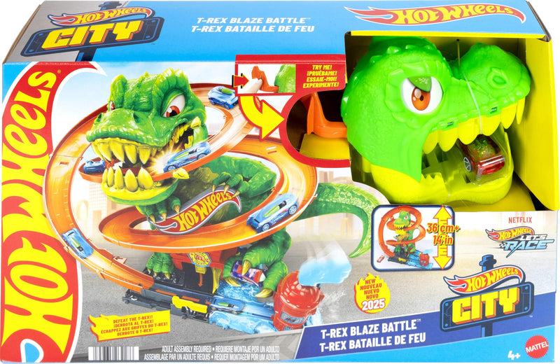 Hot Wheels Zakręcony tor Remiza T-rexa Zestaw do zabawy (ok. 35 cm wysokości), tor samochodowy, dinozaur o ruchomych oczach, metalowy samochód w skali 1:64, kilka możliwości zabawy, JBM73