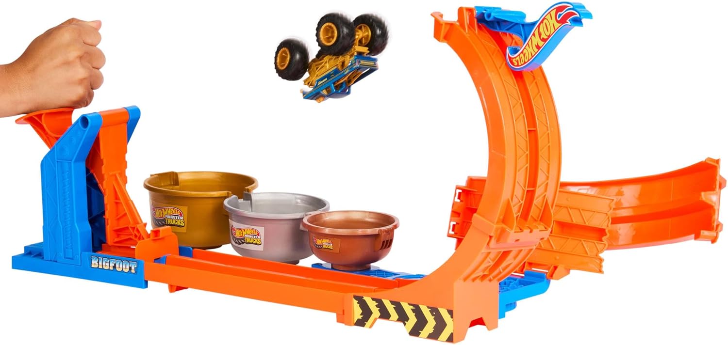 Hot Wheels Monster Trucks Bigfoot 50 rocznica Pętla Skok po trofeum Zestaw do zabawy, pętla, tor samochodowy, 1 metalowy pojazd Bigfoot w skali 1:64 na 50 rocznicę, 2 sposoby zabawy, JBX64