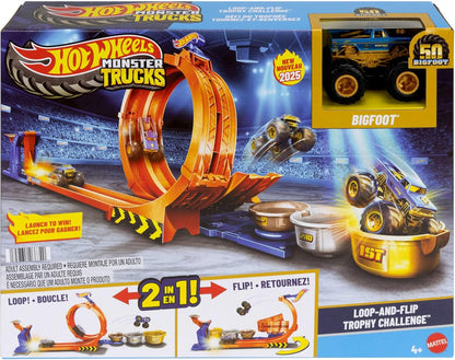 Hot Wheels Monster Trucks Bigfoot 50 rocznica Pętla Skok po trofeum Zestaw do zabawy, pętla, tor samochodowy, 1 metalowy pojazd Bigfoot w skali 1:64 na 50 rocznicę, 2 sposoby zabawy, JBX64